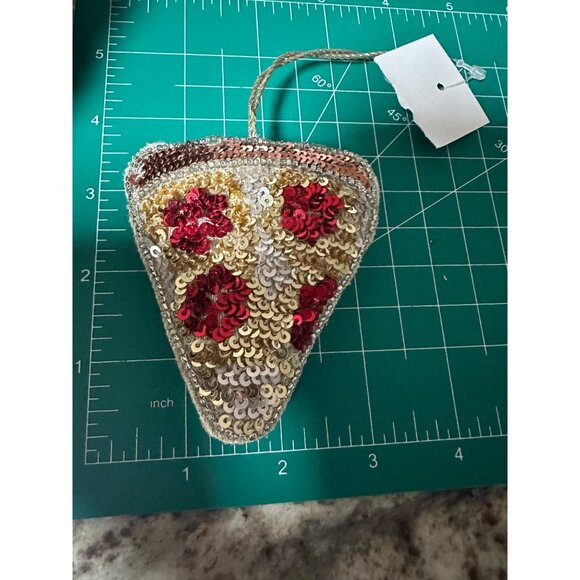 2 J.Crew Beaded Pizza Ornaments Sequins & Hanging Loop Embroidered logo Hoilday - Picture 9 of 12